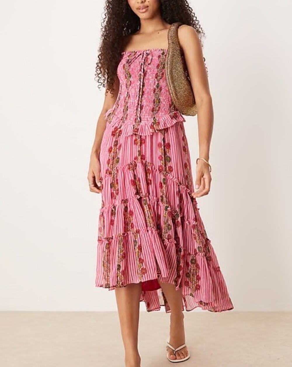 Free People Alejandra Strapless Midi Dress S Hot Pink Floral Ruffle Ruched